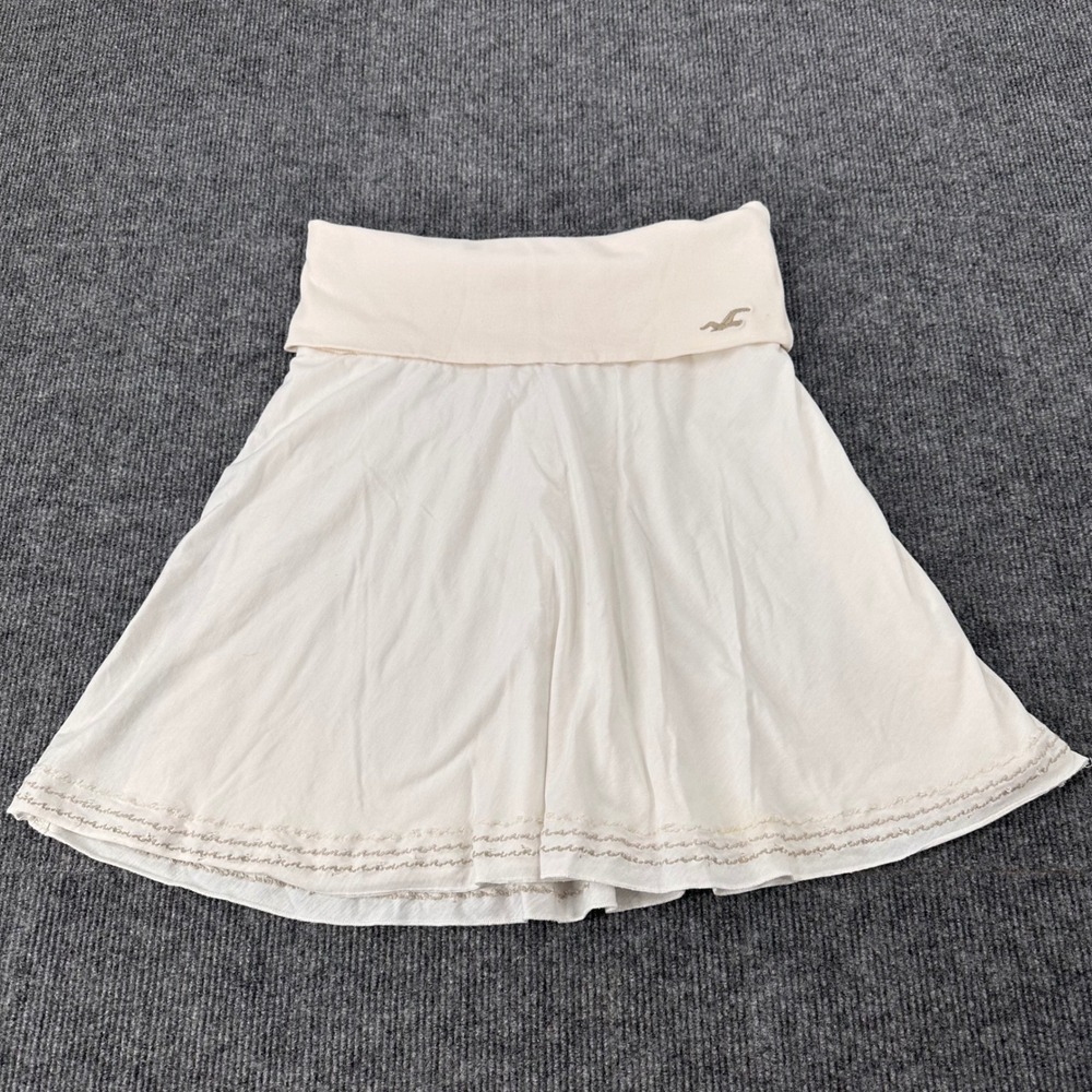 Y2K Hollister Skirt Women Medium Foldover Waist Embroidered Hem Cream Casual
